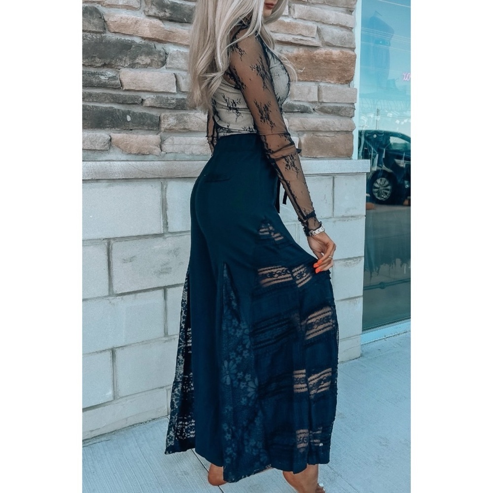 POL Black Rib Knit Lace Panel Flare Pants | Patchwork Wide Leg Pull On - Picture 7 of 13